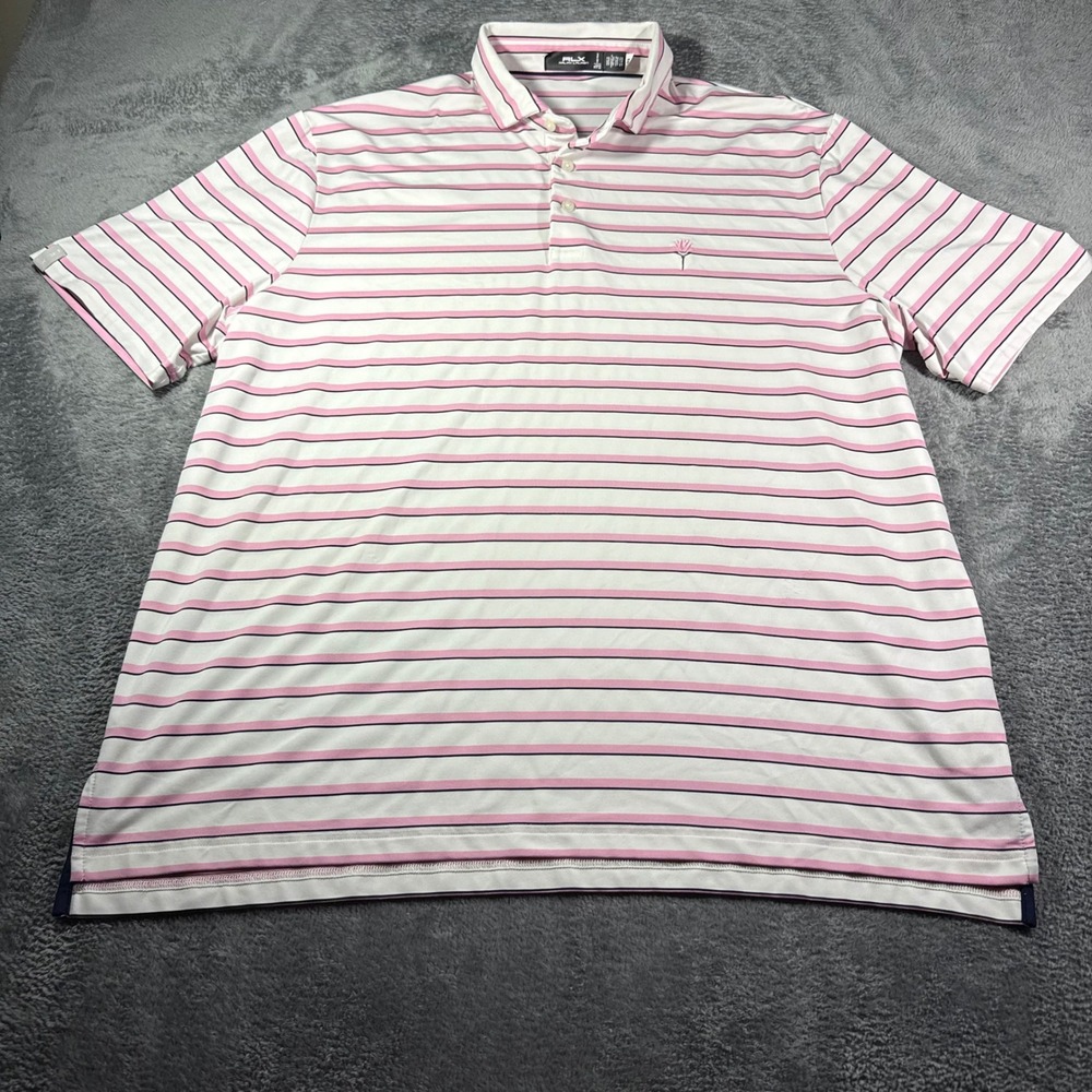 RLX Ralph Lauren Mens XL Pink White Striped Performance Golf Polo Shirt Logo